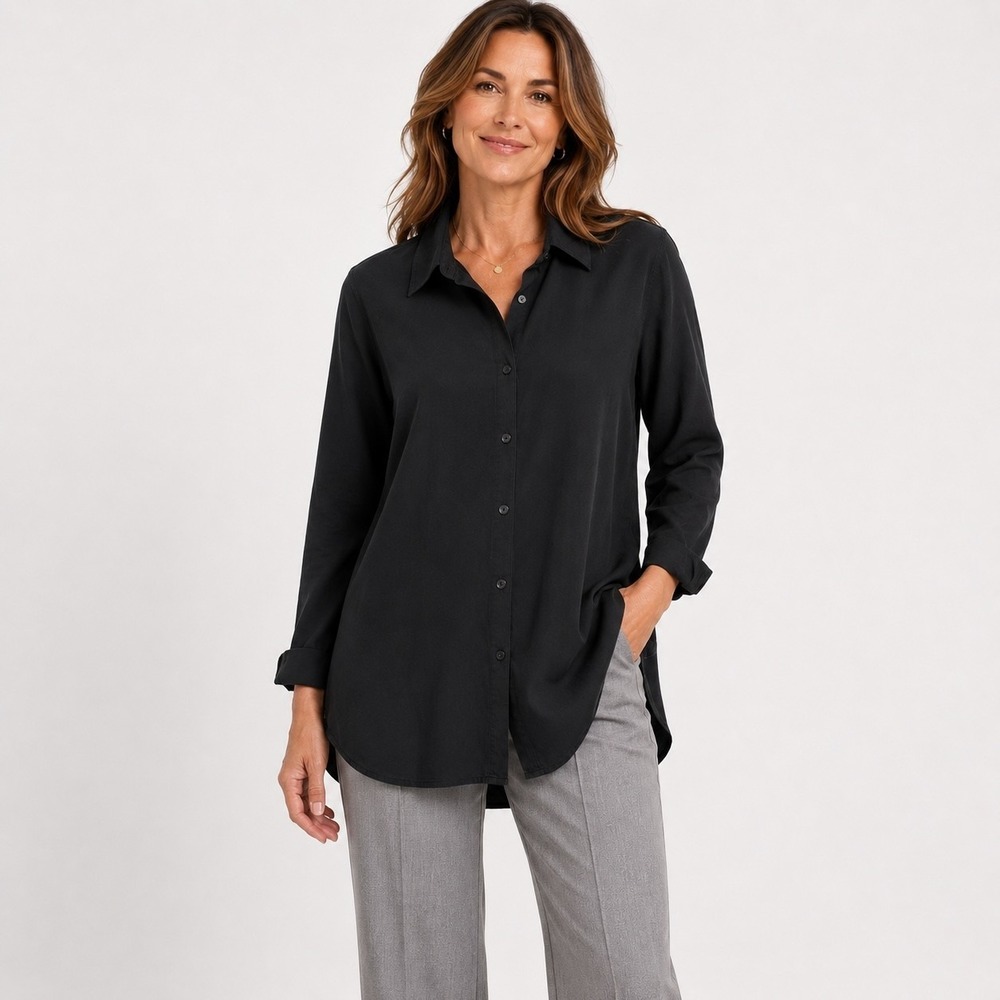 Chicos Silk Button Up Shirt Womens 2 L Black Minimalist Blouse Stretch Relaxed